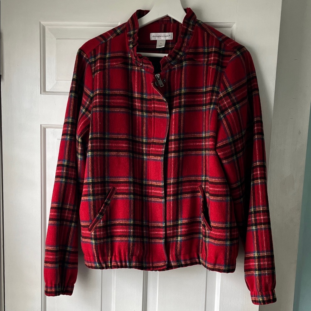 Christopher & Banks Red Christmas Plaid Wool Bomber Jacket